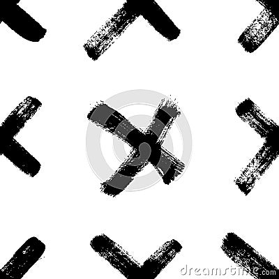 Seamless pattern with hand drawn black and white cross. Paint objects background for your design. Vector art drawing. Brush Vector Illustration