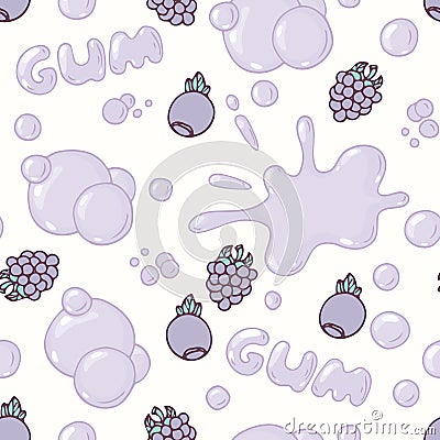 Seamless pattern with hand drawn blackberries and blueberries bubble gum. Forest berries flavor Vector Illustration