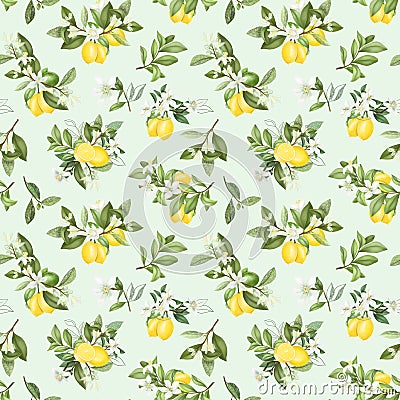 Seamless pattern with hand drawn blooming lemon tree branches Stock Photo
