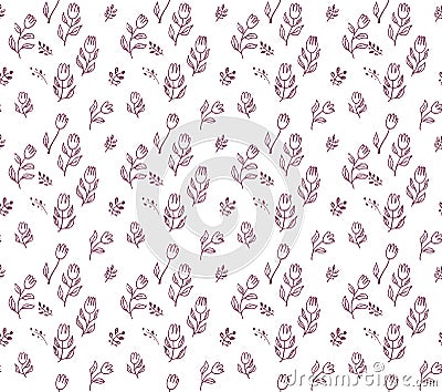 Seamless pattern of hand drawn blooming tulips and wild herbs. Stock Photo