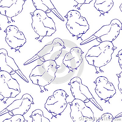 Seamless pattern with hand drawn blue birds Cartoon Illustration