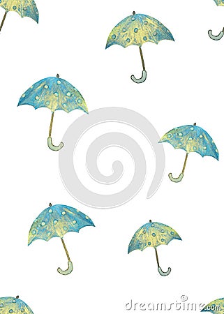 Seamless pattern with hand drawn blue umbrellas with white circles on white background Stock Photo