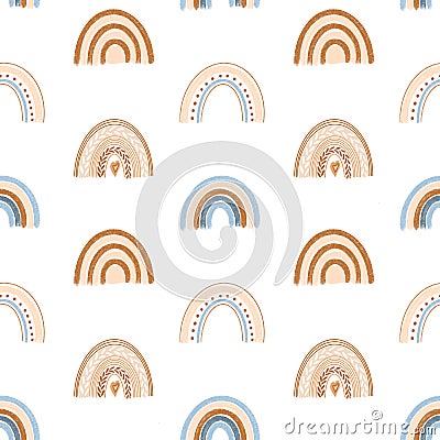 Seamless pattern of hand drawn boho rainbow in pastel blue and neutral beige colors Vector Illustration