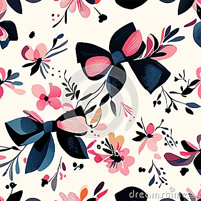 Seamless pattern with hand drawn bows and flowers. Vector illustration. Generative AI Vector Illustration