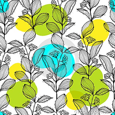 Seamless pattern Hand drawn branch with bright abstract color spots Vector Illustration