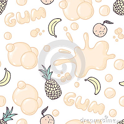 Seamless pattern with hand drawn bubble gum. Multifruit flavor. Food background Vector Illustration