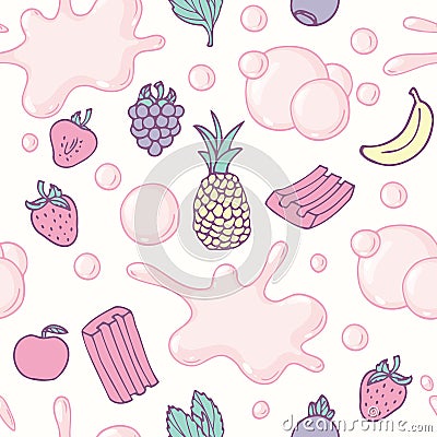 Seamless pattern with hand drawn bubble gum seamless pattern. Multifruit flavor. Sweet candy background Vector Illustration