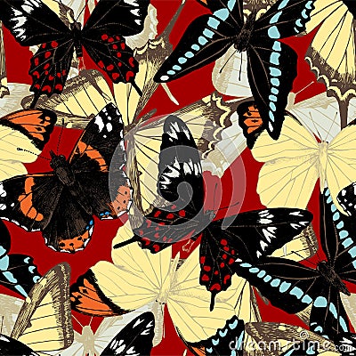 Seamless pattern with hand drawn butterflies. Vector Illustration