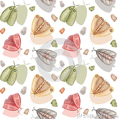 Watercolor seamless pattern with hand drawn butterflies and mothes. Creative for fabric, wrapping, textile, wallpaper. Cartoon Illustration