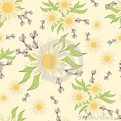 Seamless pattern with hand drawn camomile. Daisy sunny template. Vector Illustration