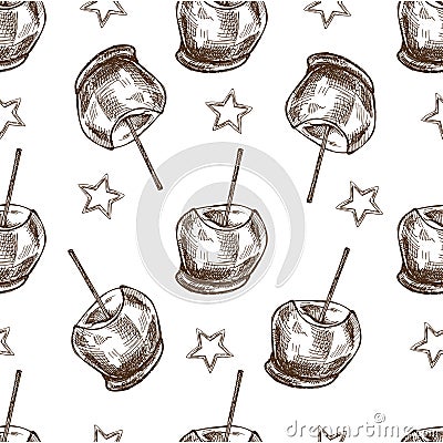 Seamless pattern of hand-drawn Candy Taffy apples with nut sprinkles. Vector food drawing. Traditional Christmas, Halloween Vector Illustration