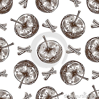 Seamless pattern of hand-drawn Caramel apples sketch and cinnamon stick. Vector food drawing. Traditional Christmas, Halloween Vector Illustration