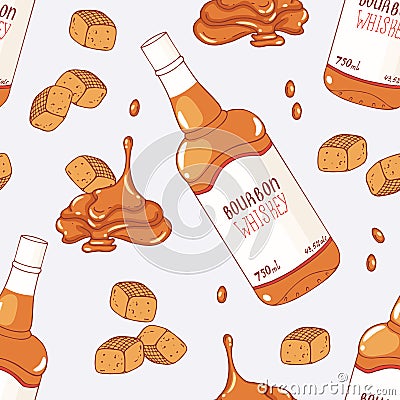 Seamless pattern with hand drawn caramel and bourbon whiskey flavor Vector Illustration