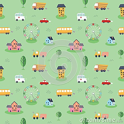 Seamless pattern with hand drawn cartoon car, hous, bus, trees, traffic light, ferris wheel Cartoon Illustration