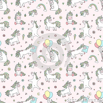 Seamless pattern of hand-drawn cartoon magical unicorns with diamonds, hearts, balloons, flowers, stars, crowns. Vector image for Stock Photo