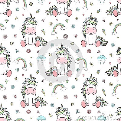 Seamless pattern of hand-drawn cartoon unicorns with rainbow, clouds, diamonds, hearts. Vector background image for holiday, baby Stock Photo