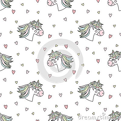 Seamless pattern of hand-drawn cartoons cute unicorns with hearts. Vector background image for holiday, baby shower, prints, wrapp Stock Photo