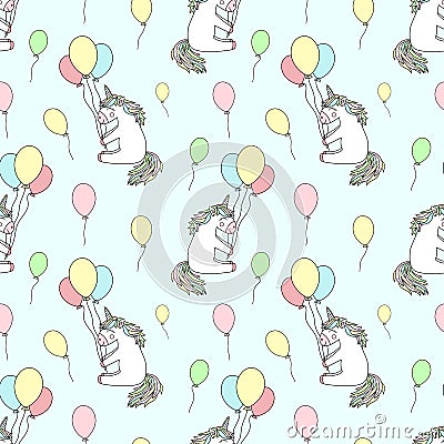 Seamless pattern of hand-drawn cartoony smiling unicorns with balloons. Vector background image for holiday, baby shower, prints, Stock Photo