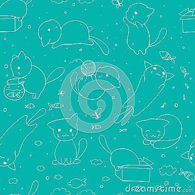 Seamless pattern with hand drawn cats. Blue background Vector Illustration