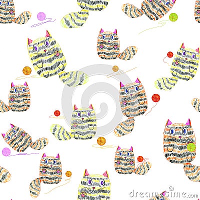 Seamless pattern with hand drawn cats playing with clews on white background. Stock Photo
