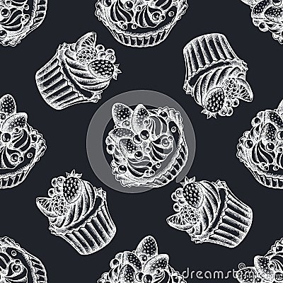 Seamless pattern with hand drawn chalk cupcake, cake Vector Illustration