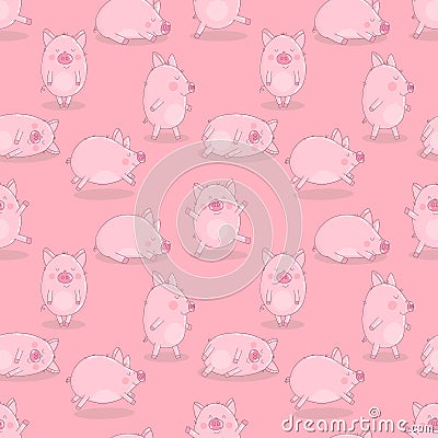 Seamless pattern of hand-drawn cheerful pigs on an isolated pink background. Vector illustration of piglets for New Year, prints, Cartoon Illustration