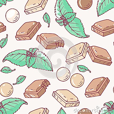 Seamless pattern with hand drawn chocolate and mint flavor Vector Illustration