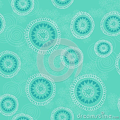 Seamless pattern with hand drawn circles, flowers and hearts. Ornate floral endless Hipster background. Vector Illustration