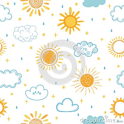 Seamless pattern with hand drawn clouds, stars, drops and sun. Doodle, sketch. Cute background for kids Vector Illustration