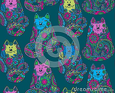 Seamless pattern with hand drawn colorful cats Cartoon Illustration