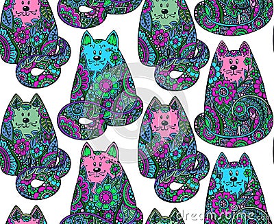 Seamless pattern with hand drawn colorful cats Vector Illustration