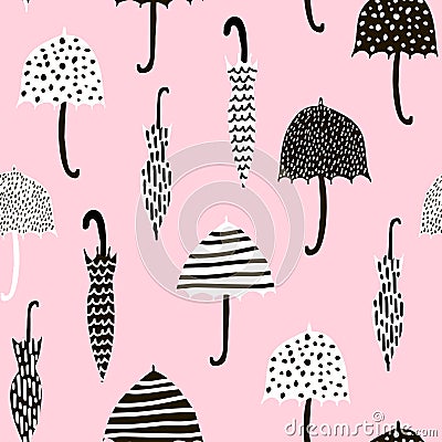 Seamless pattern with hand drawn colorful umbrellas. Childish texture. Great for fabric, textile Vector Illustration Stock Photo