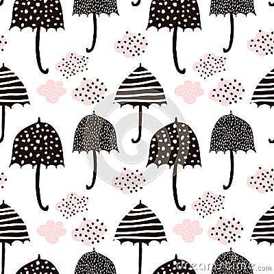 Seamless pattern with hand drawn colorful umbrellas. Childish texture. Great for fabric, textile Vector Illustration Stock Photo