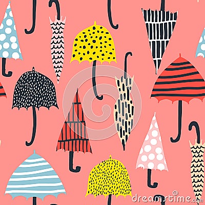 Seamless pattern with hand drawn colorful umbrellas. Childish texture. Great for fabric, textile Vector Illustration Stock Photo