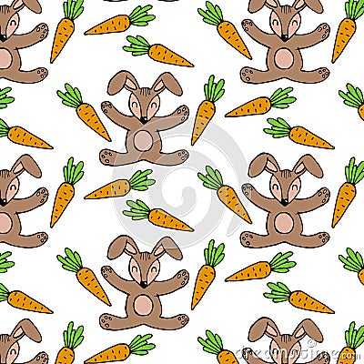 seamless pattern, hand-drawn contour stylized baby hares and carrots, for textile Stock Photo