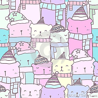 Seamless pattern with hand drawn cute bear family in pastel color. Kawaii background Stock Photo