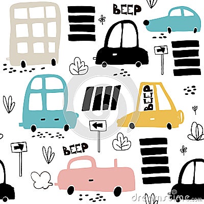 Seamless pattern with hand drawn cute car. Cartoon cars, road sign,zebra crossing illustration.Perfect for kids fabric Vector Illustration
