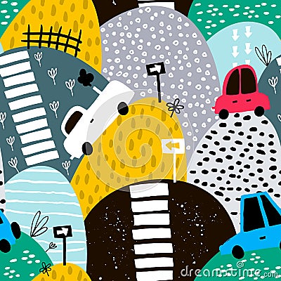 Seamless pattern with hand drawn cute car and hills. Cartoon cars, road sign, zebra crossing illustration. Perfect for kids Cartoon Illustration