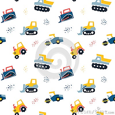 Seamless pattern with Hand drawn cute cars Truck, tractor, cargo crane, bulldozer, excavator. Vector Illustration