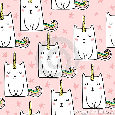 Seamless pattern with hand drawn cute cats unicorn. Cartoon cat illustration. Perfect for kids fabric,textile,nursery wallp Cartoon Illustration