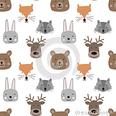 Seamless pattern of hand-drawn cute forest animals for kids. The image of a bear, fox, rabbit, deer, raccoon on a transparent back Stock Photo