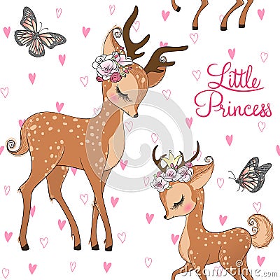 Seamless pattern with hand drawn cute, romantic, dreaming baby princess deer, fawn with floral wreath. Vector Illustration