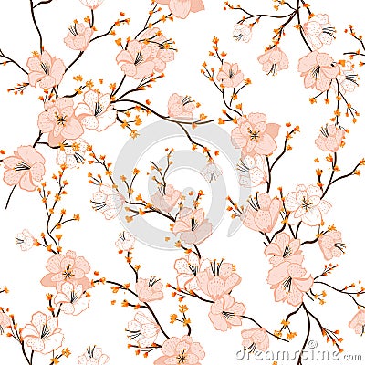 Seamless pattern with hand drawn decorative cherry blossom flowers, Stock Photo