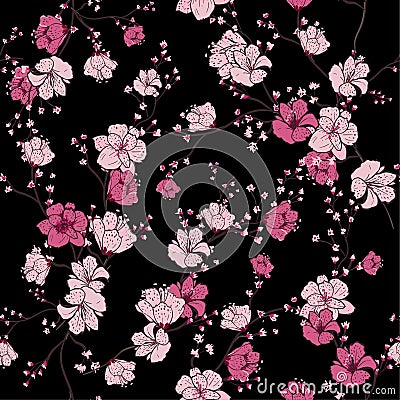 Seamless pattern with hand drawn decorative cherry blossom flowers, design elements. Vector Illustration