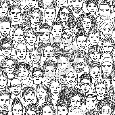 Seamless pattern of hand drawn, diverse faces Vector Illustration