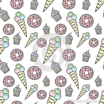 Seamless pattern of hand-drawn donut, ice cream, cupcake. Vector background image for holiday, baby shower, birthday, prints in th Stock Photo