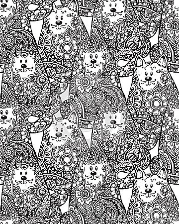 Seamless pattern with hand drawn doodle graphic cats Vector Illustration