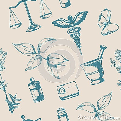 Seamless pattern of hand-drawn elements of pharmacy. Vector Illustration