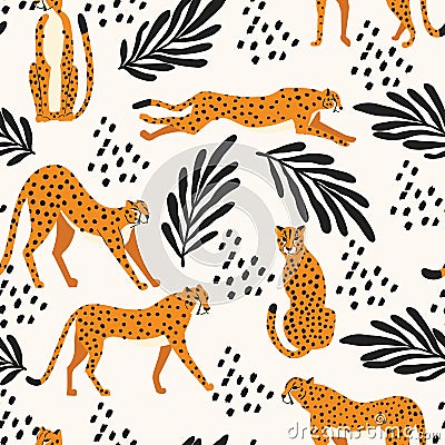 Seamless pattern with hand drawn exotic big cat cheetahs, with tropical plants and abstract elements on white background Vector Illustration