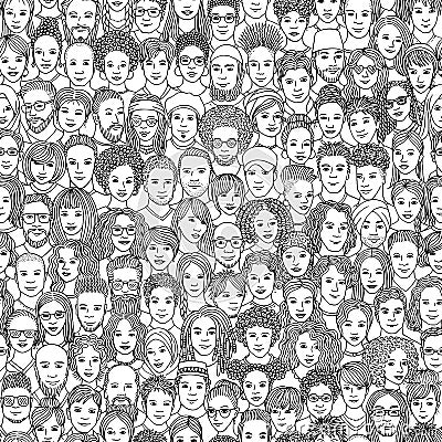 Seamless pattern of 100 hand drawn faces, black and white Vector Illustration